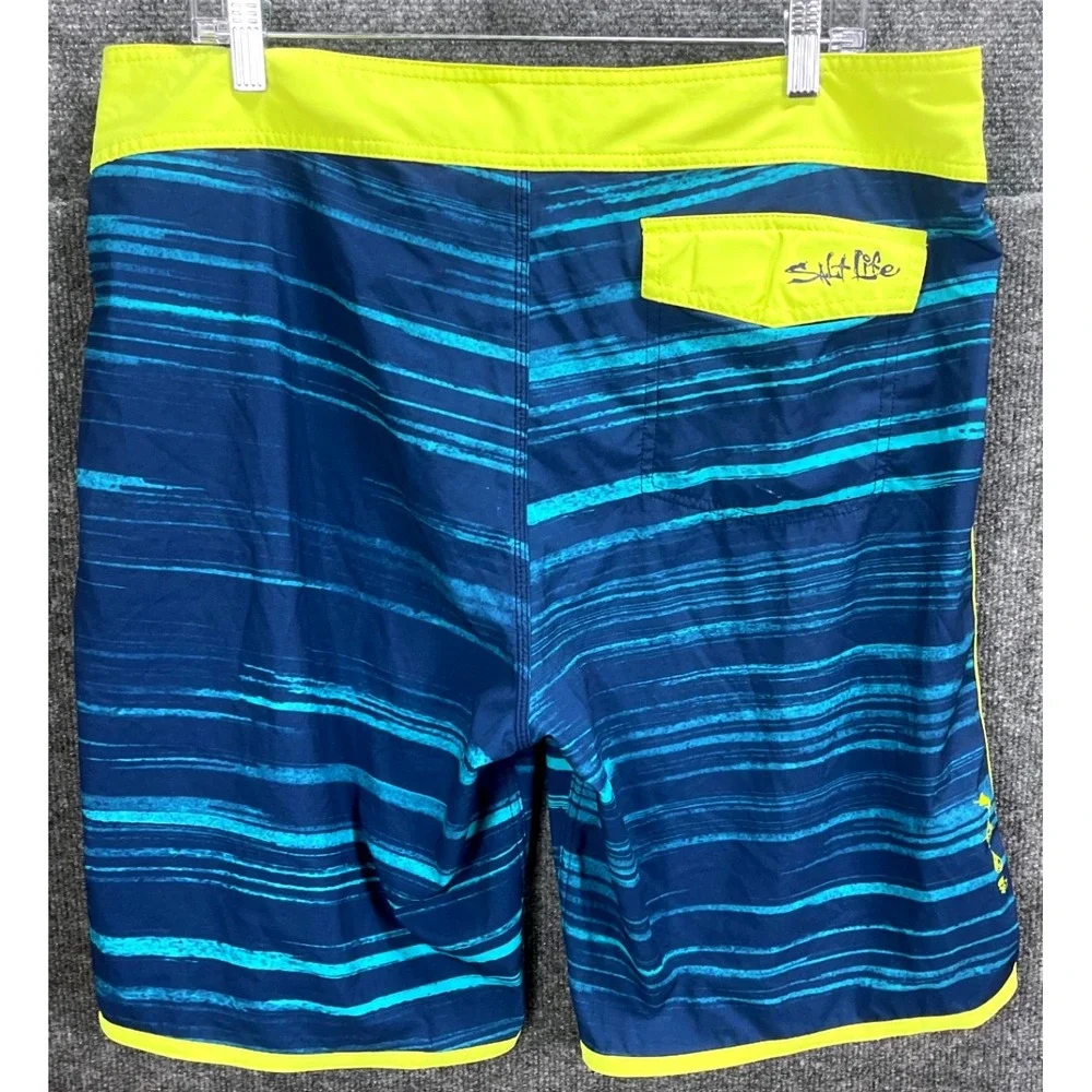 Salt Life Mens Board Shorts Sz 36 Blue Striped Swim Trunks SLX‎ QD Vapor Stretch
